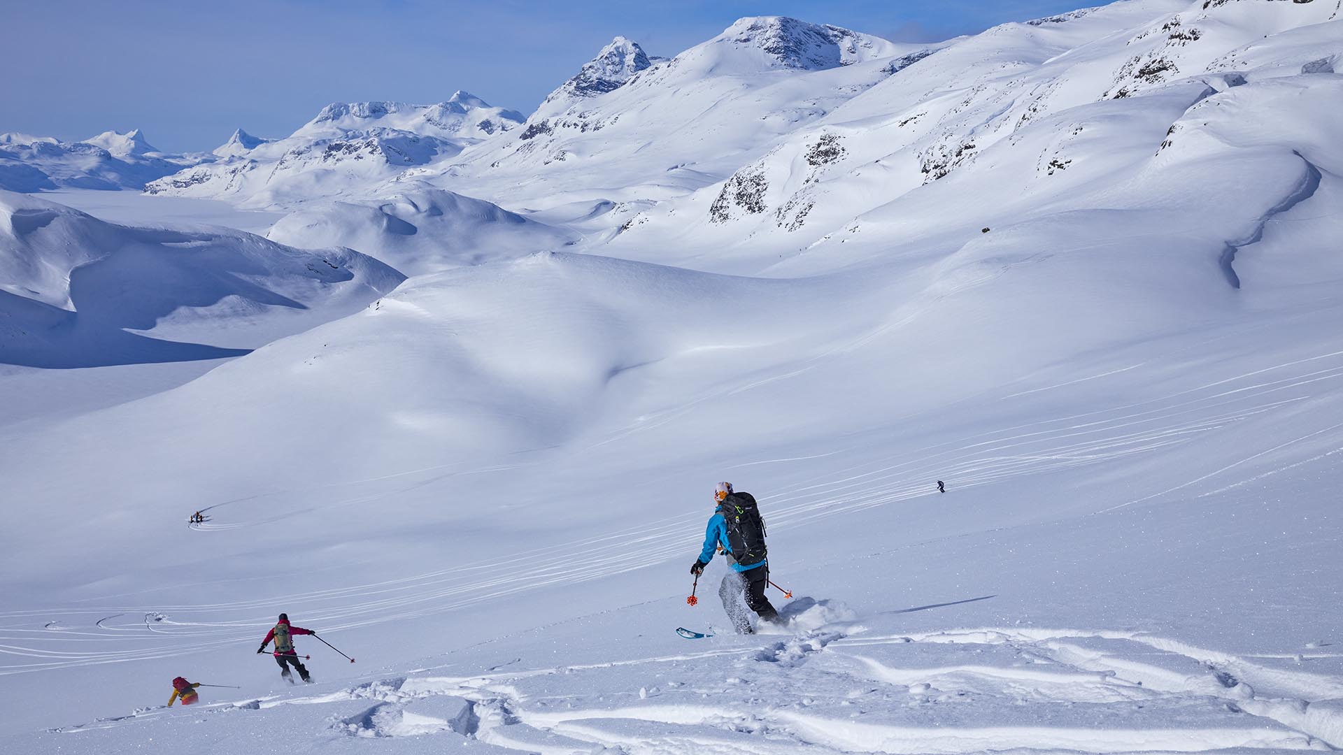 3 persons on their way down a mountain on randonee skis. Wild mountains in the background.