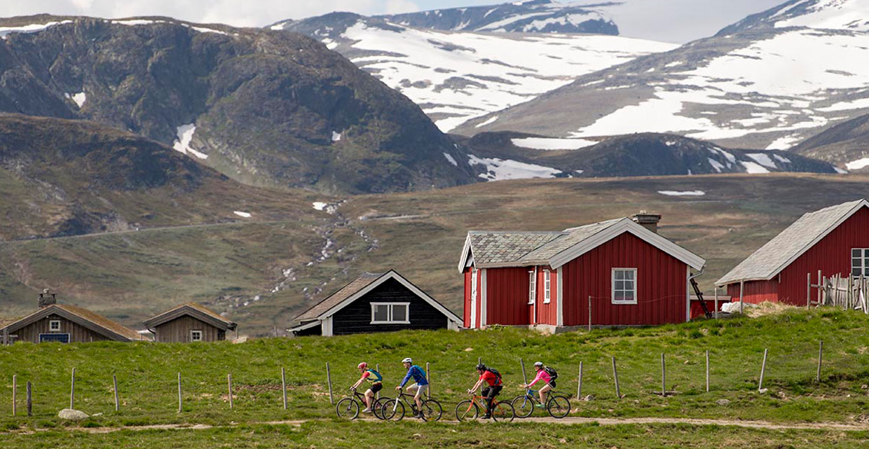 Sykling langs koselige stølsgrender med snødekte fjell i bakgrunnen.