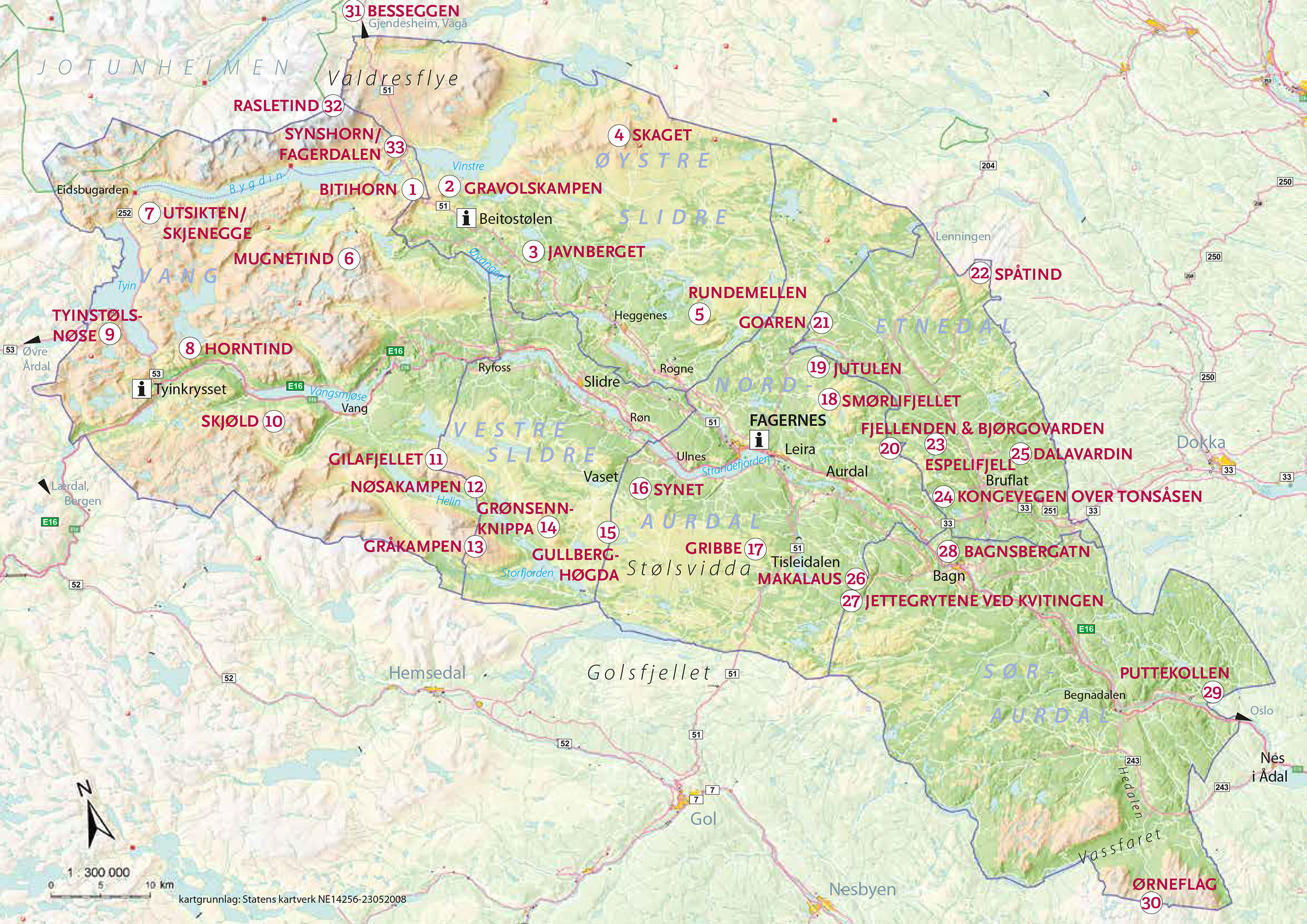 Overview map over hikes in the Valdres region