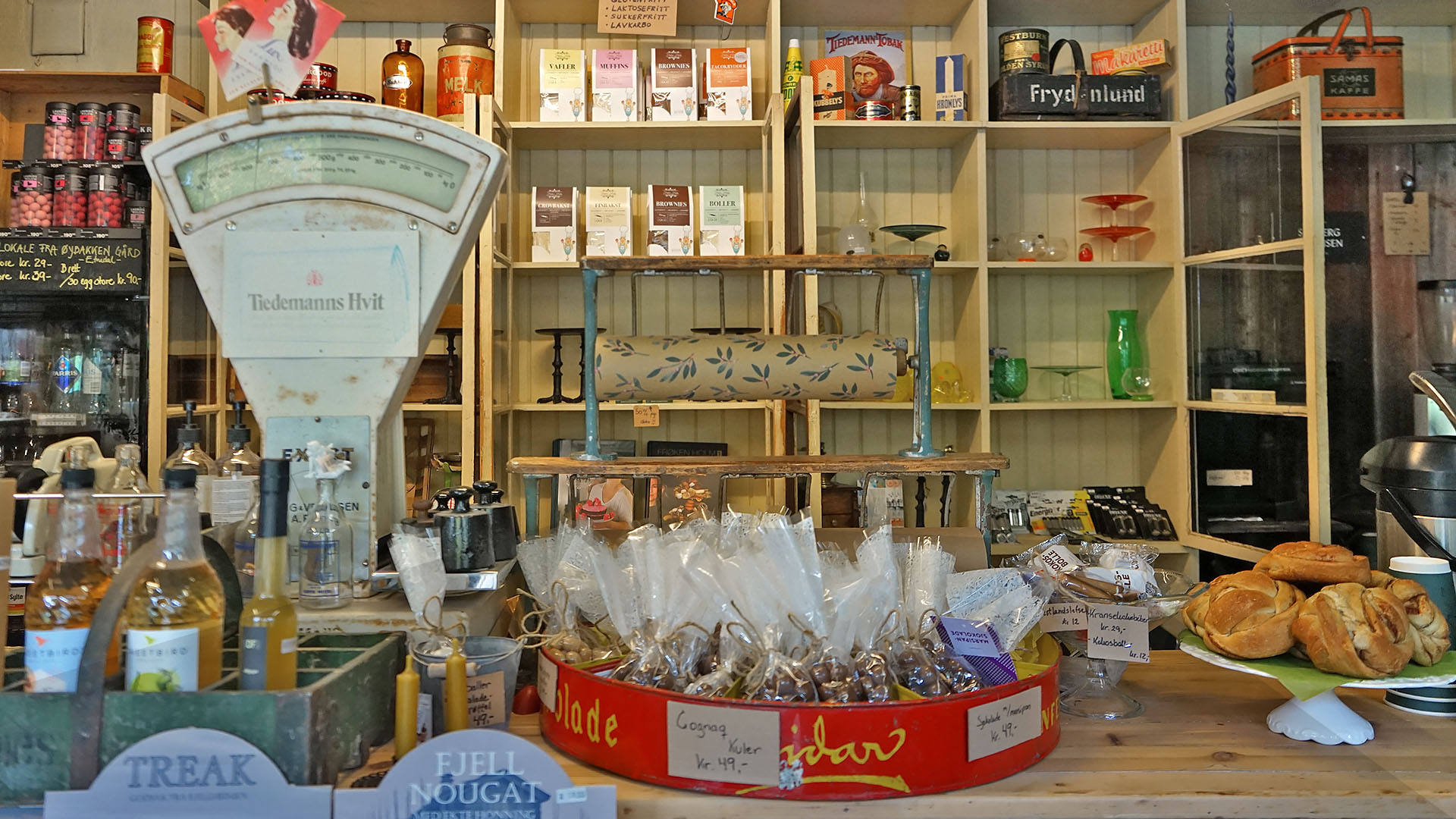 Old store counter with lots of sweets and gifts
