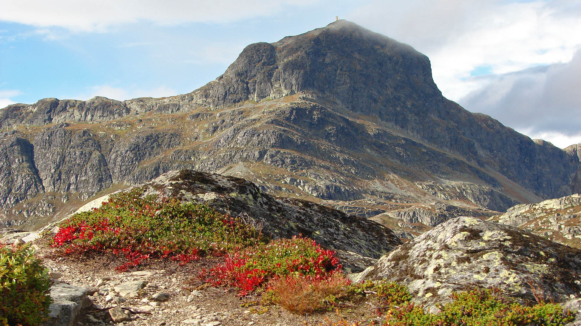 A characteristic, hat-shaped mountain in the background and low rocks in the foreground that are covered with lichens and red autumn vegetation